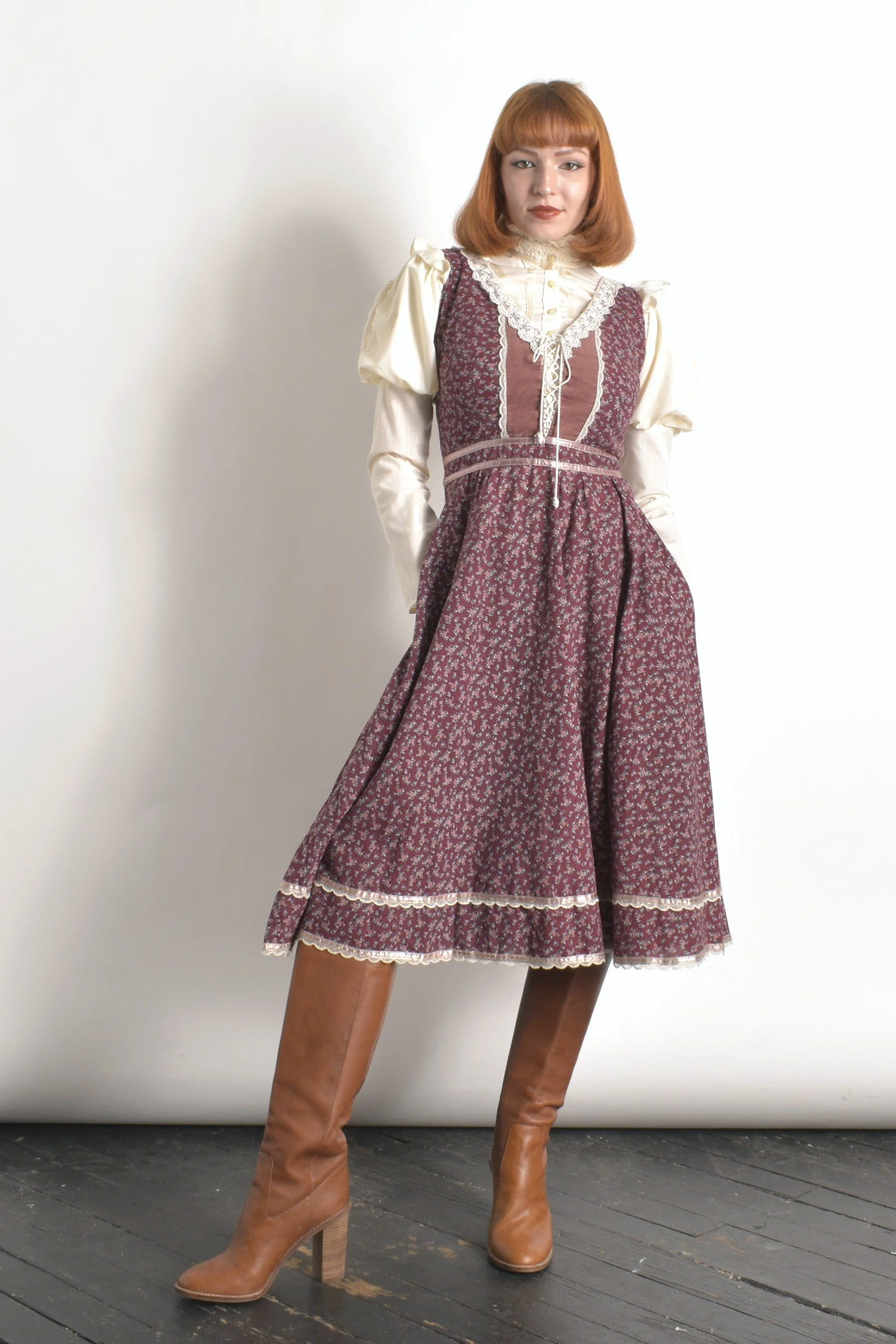vintage Gunne Sax ベロア ロングワンピース ワインレッド S SPECIAL ITEM* 70's USA VINTAGE GUNNE SAX BY Jessica LACE PEARL